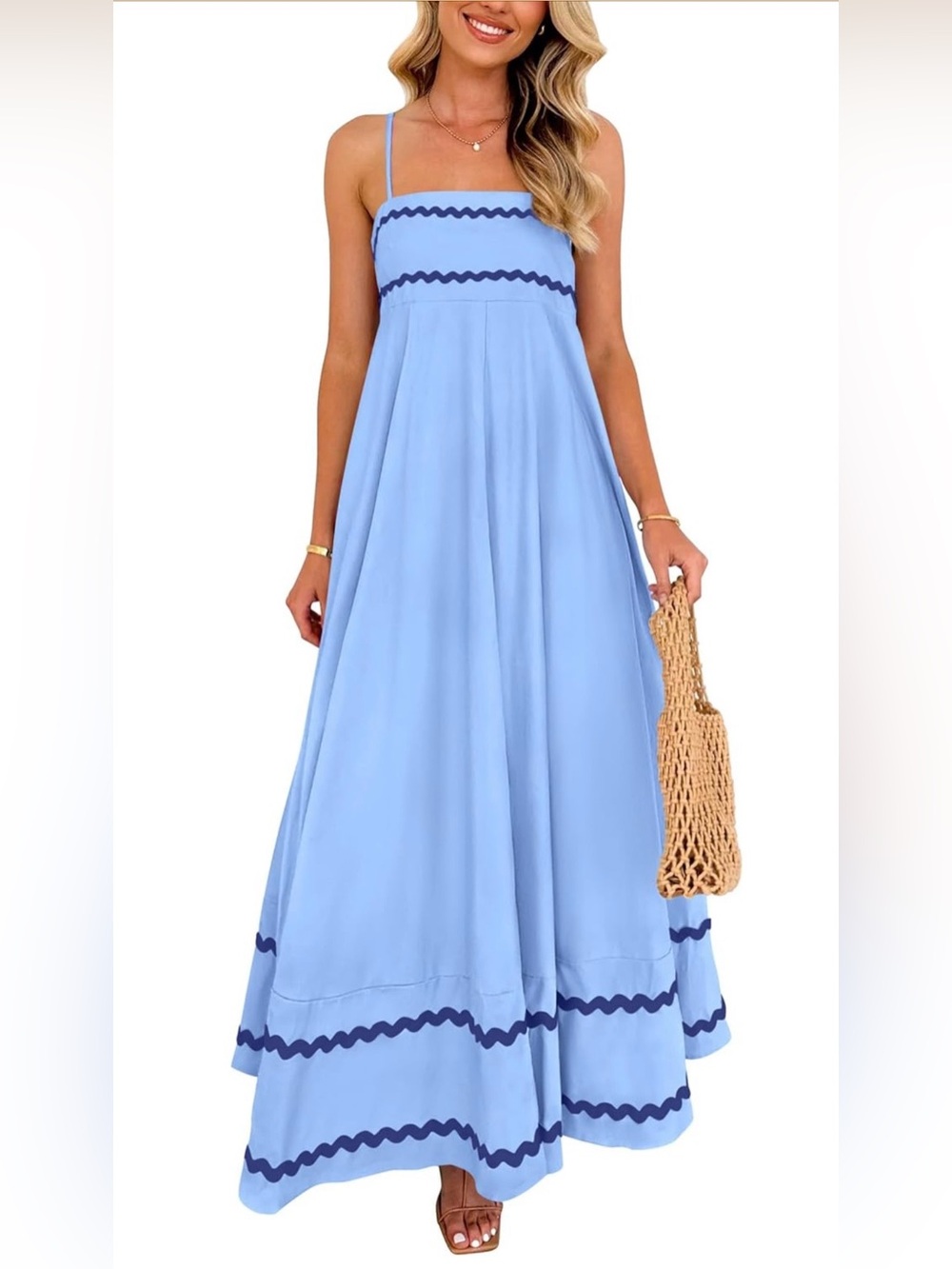 Sleeveless Light Blue Maxi Dress with Navy Wave Trim